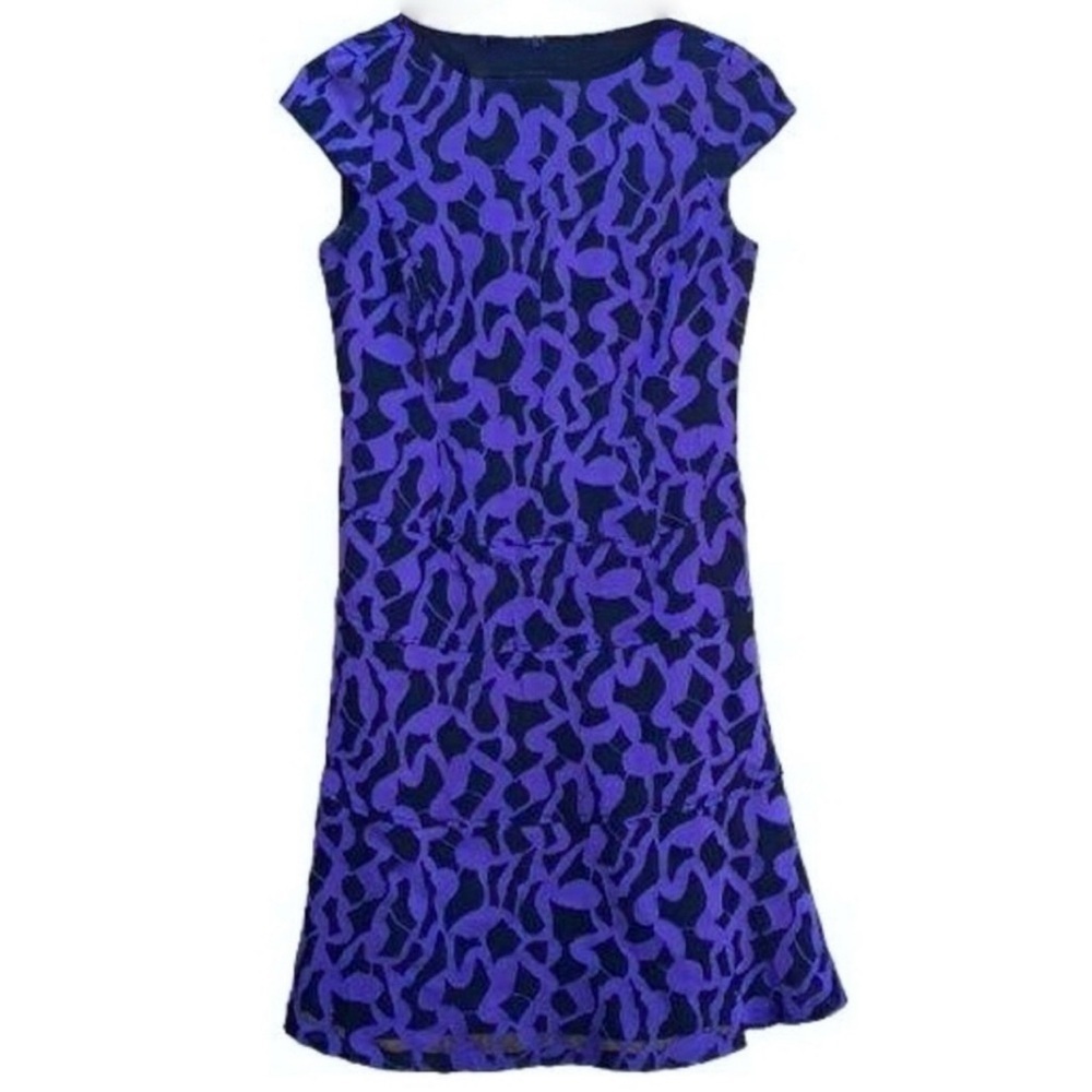 ANNE KLEIN • Women’s Black & Blue Cap Sleeve Belted Printed Swing Dress